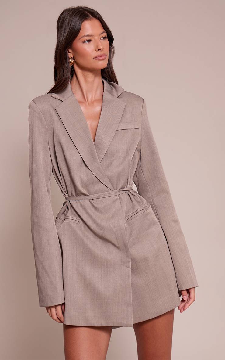 Gris Robe Blazer Tissée À Ceinture Contrastante