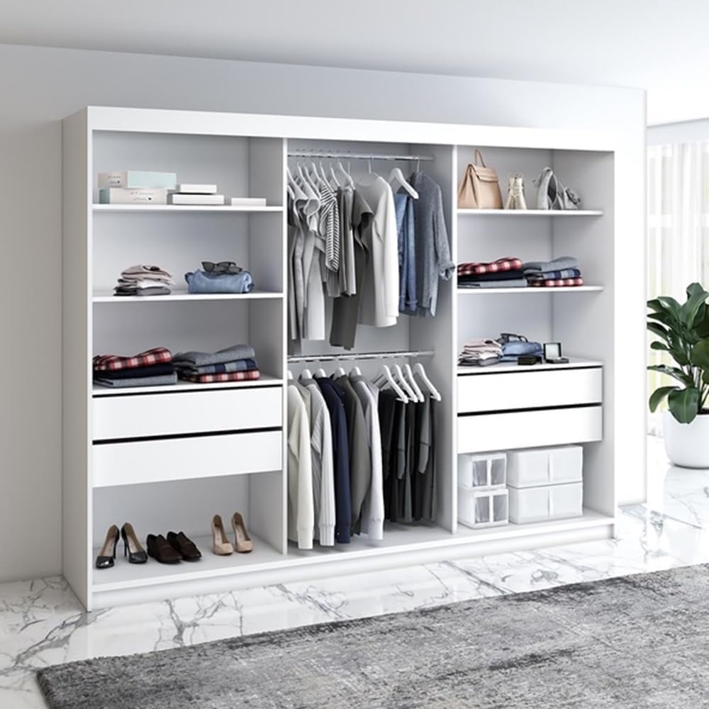 A&J MöbelLand Schwebetürenschrank IOSA Kleiderschrank 3-türig mit 4 Schubladen & 3D Lamellen, Garderobe 200 cm (Sonoma/Weiß/Weiß/Weiß)