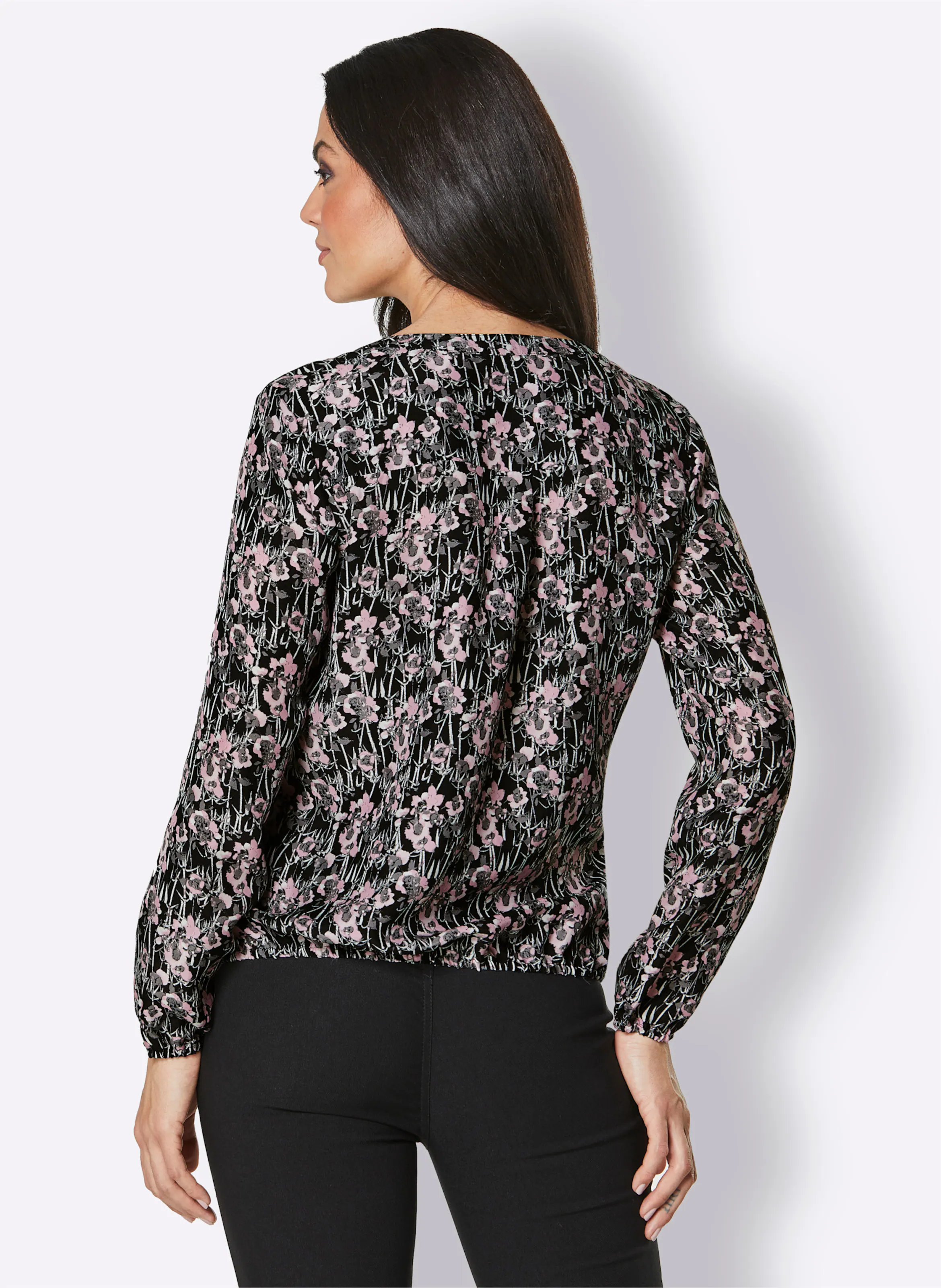 CREATION L PREMIUM Cupro-Viskose-Bluse in schwarz-rosé-gemustert