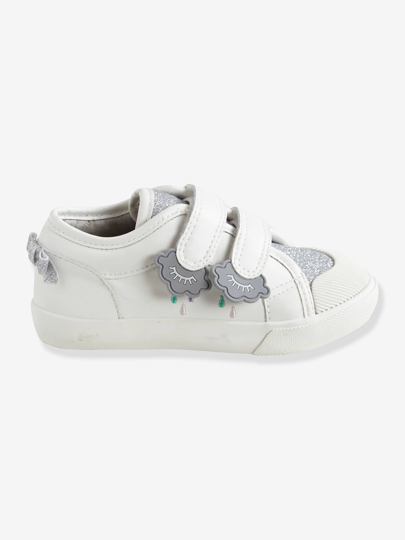 Tênis infantil feminino com fecho de velcro, modelo especial para maior independência, branco claro, liso.