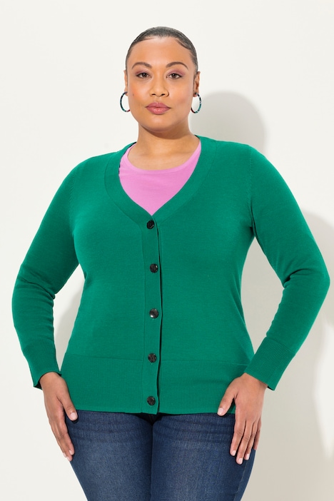 Strickjacke, V-Ausschnitt, Knopfleiste, Feinstrick