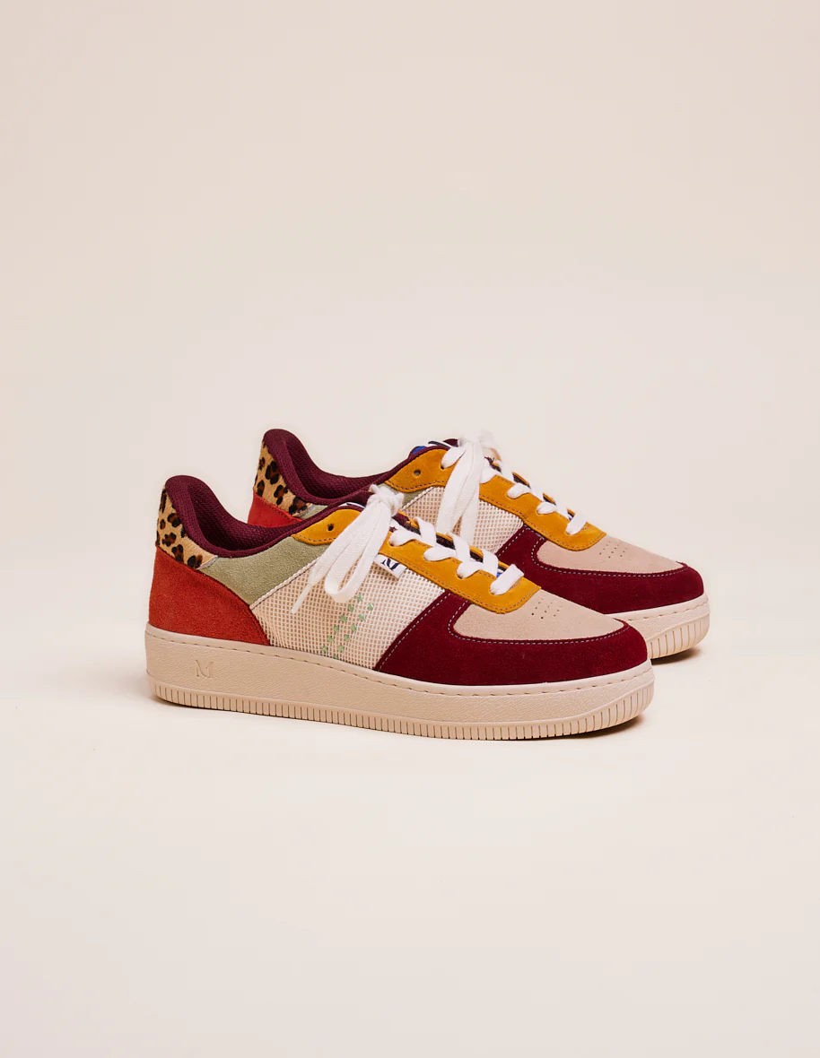 Baskets basses Maxence F - Suède et mesh bordeaux beige moutarde