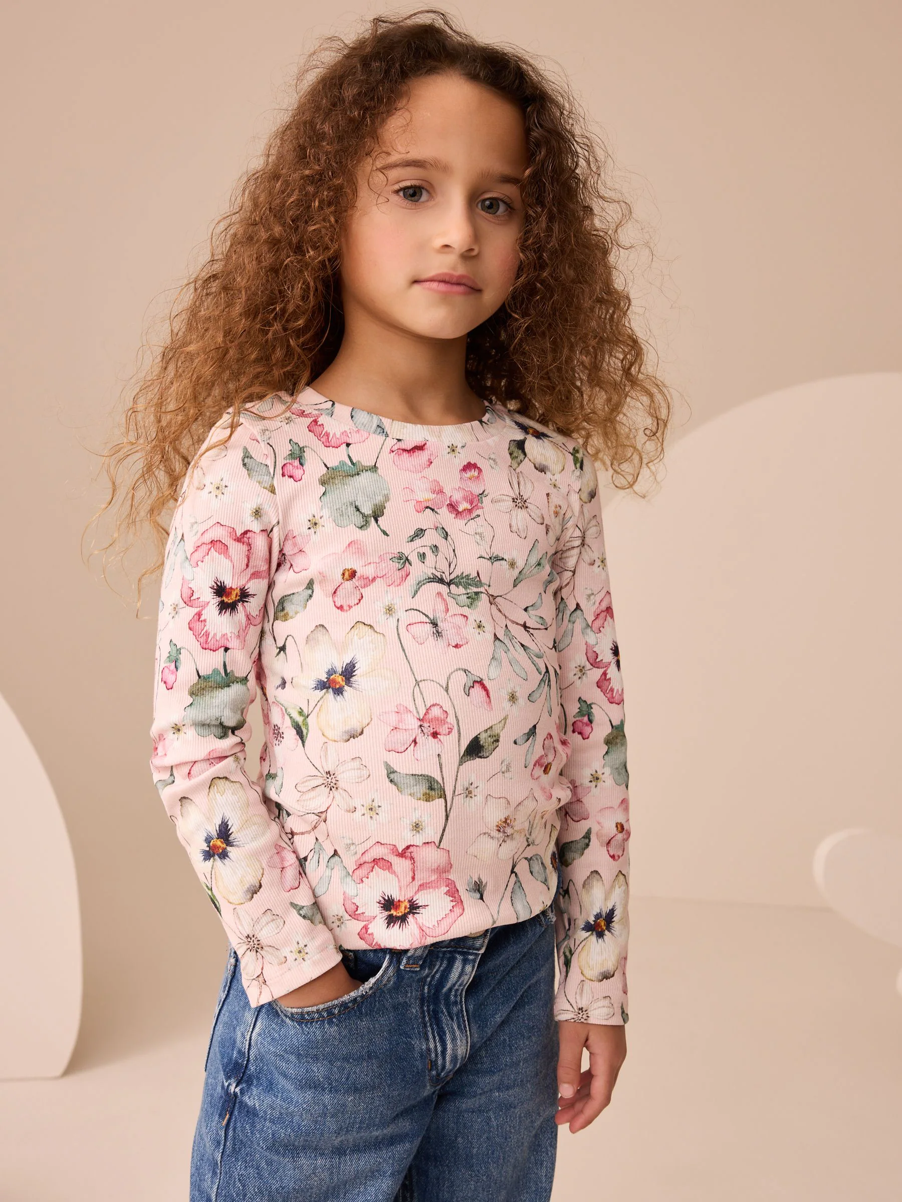 Roze met bloemenprint - Set van 4 geribbelde T-shirts met lange mouwen (3-16jr)