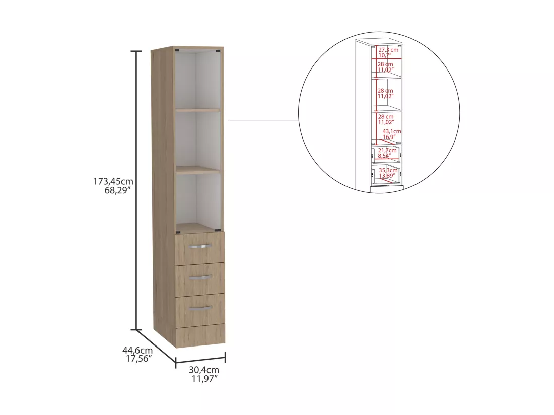 Vanguard Salle de bain Closet. Avec trois larges tiroirs. 17,56 cm P x 30,4 cm L x 173,45 cm A. Rovere / White