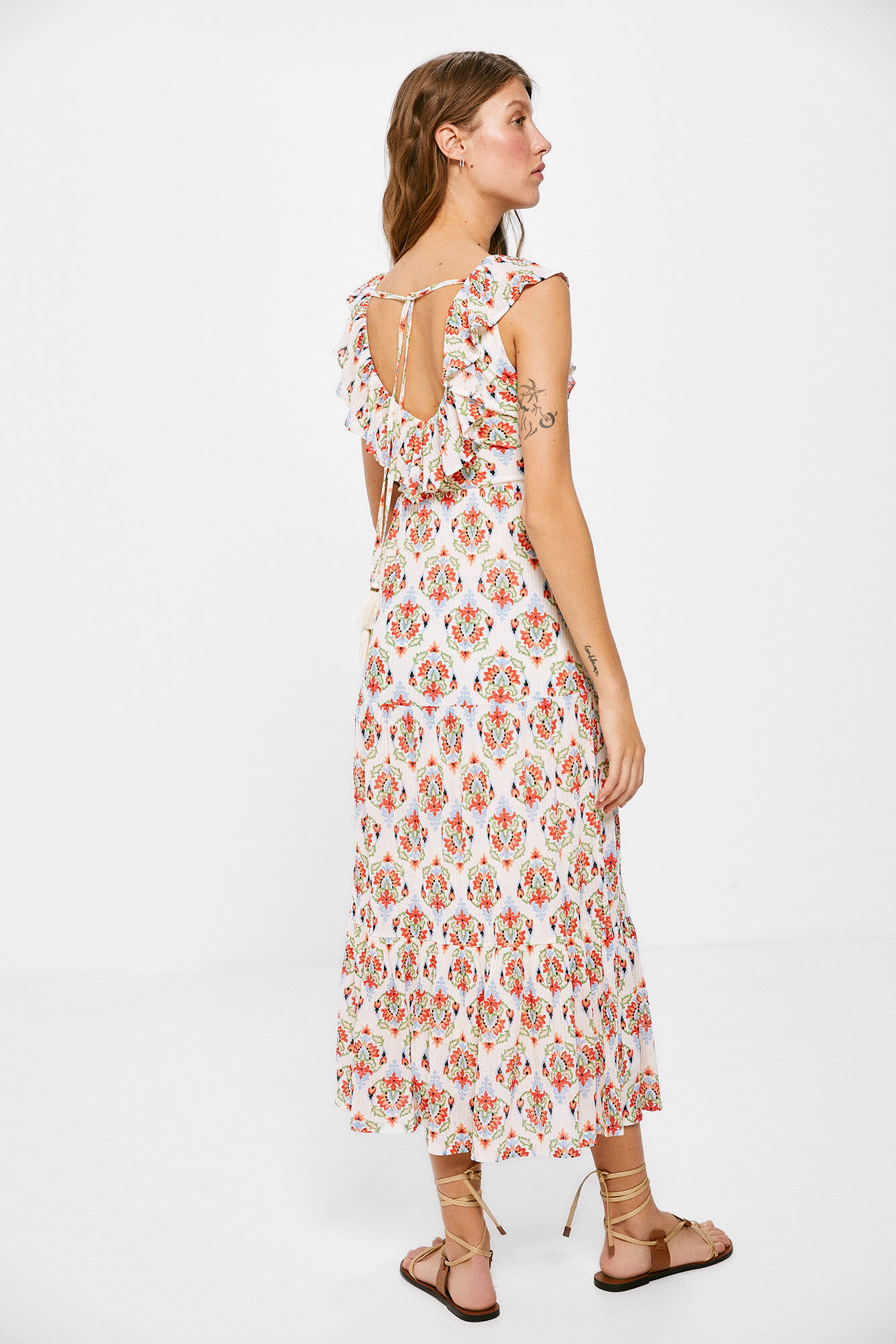 Vestido midi com painel estampado - Amarelo