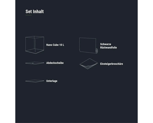 DENNERLE Nano Cube 10L aquarium met zwarte achtergrondfolie, schuimmat, afdekglas en beginnersbrochure, ca. 20 x 20 x 25 cm