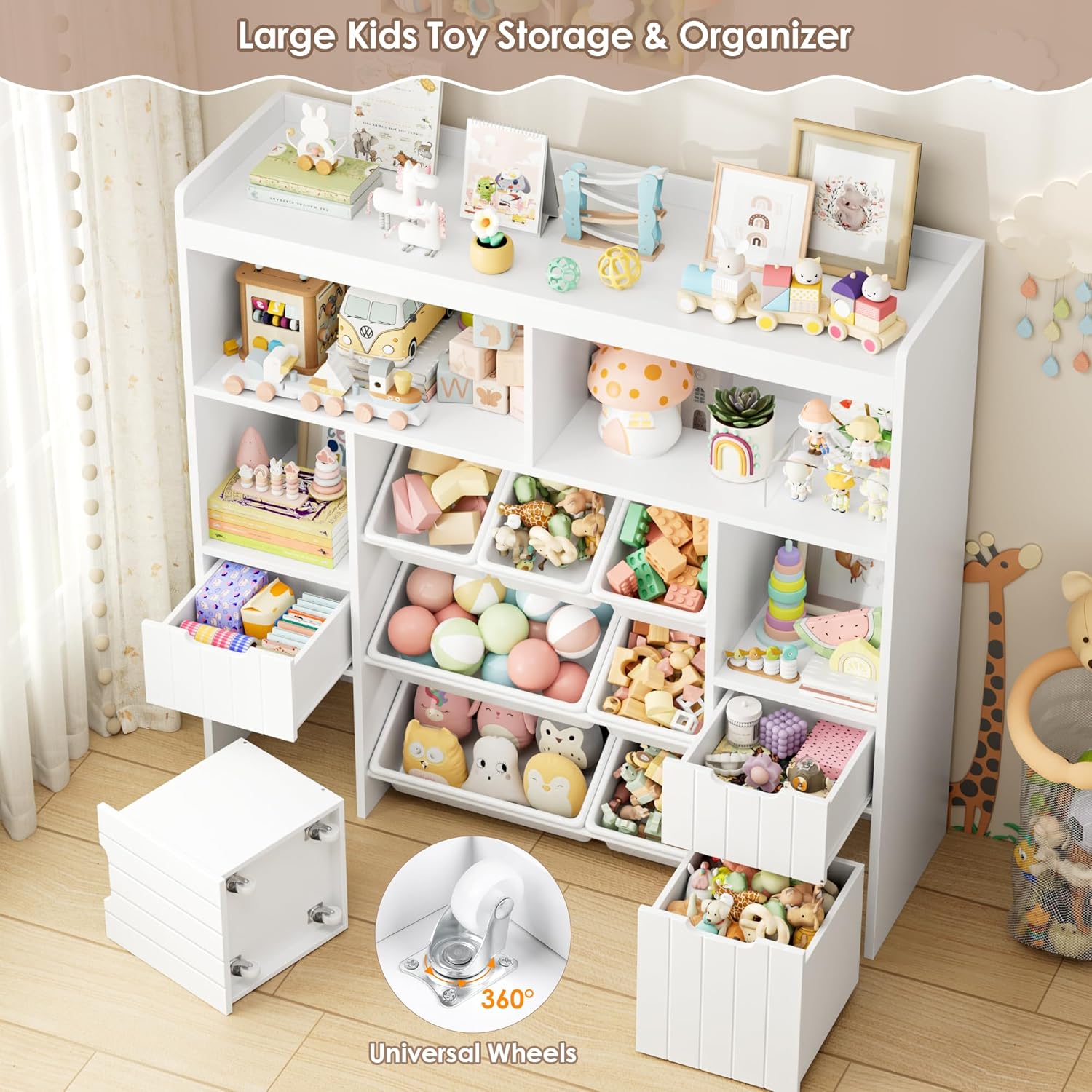 HOCSOK Kinderregal mit Boxen auf Rollen, Kinderbücherregal mit 4 Ablagefächern, Spielzeugregal Kinderzimmer für Schlafzimmer Kindergarten, Weiß, 122x118x30cm