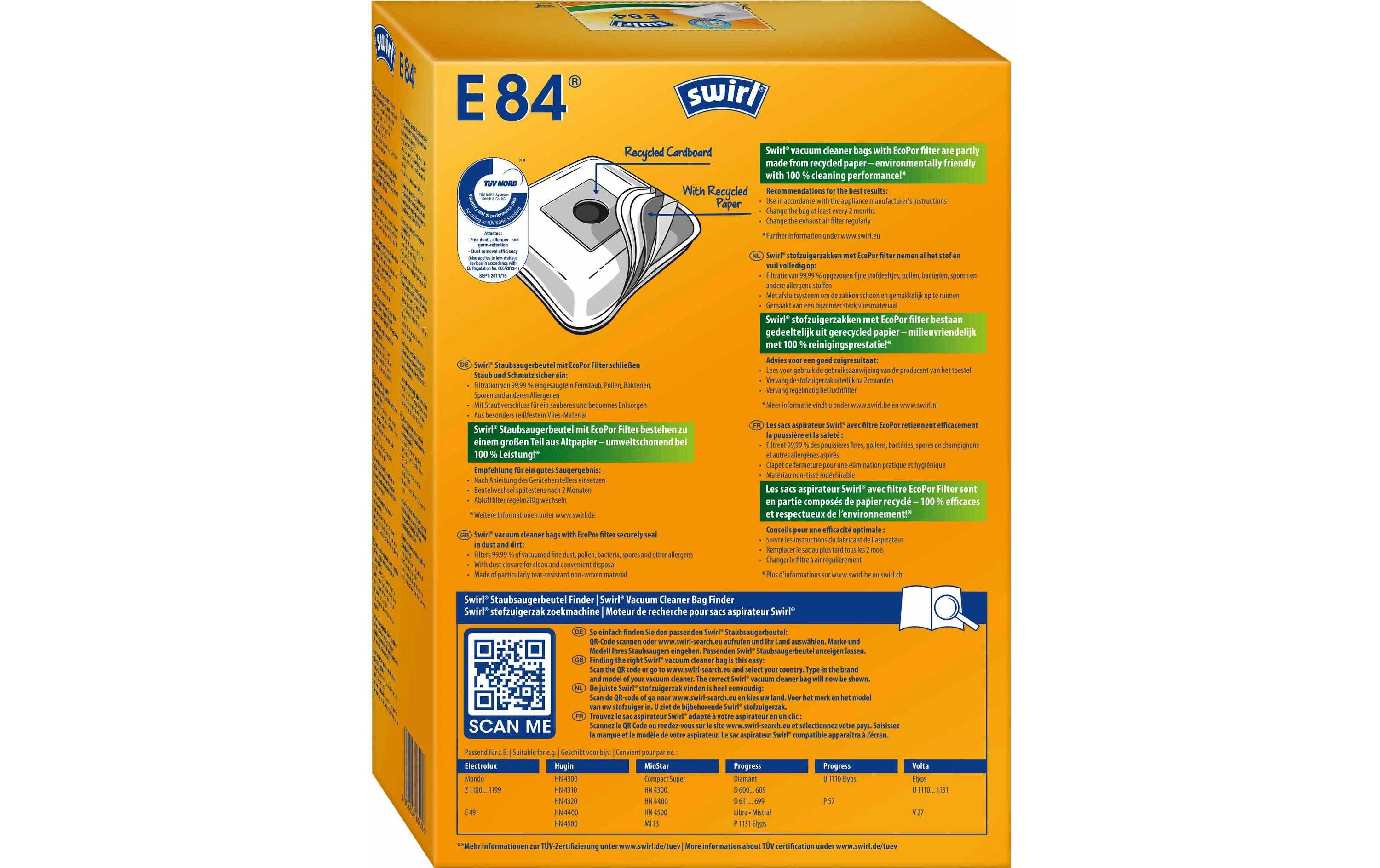 Staubfilterbeutel E 84 EcoPor 4 StückErsatz-Staubbeutel für bestimmte Staubsaugermodelle von Electrolux, Progress und Volta