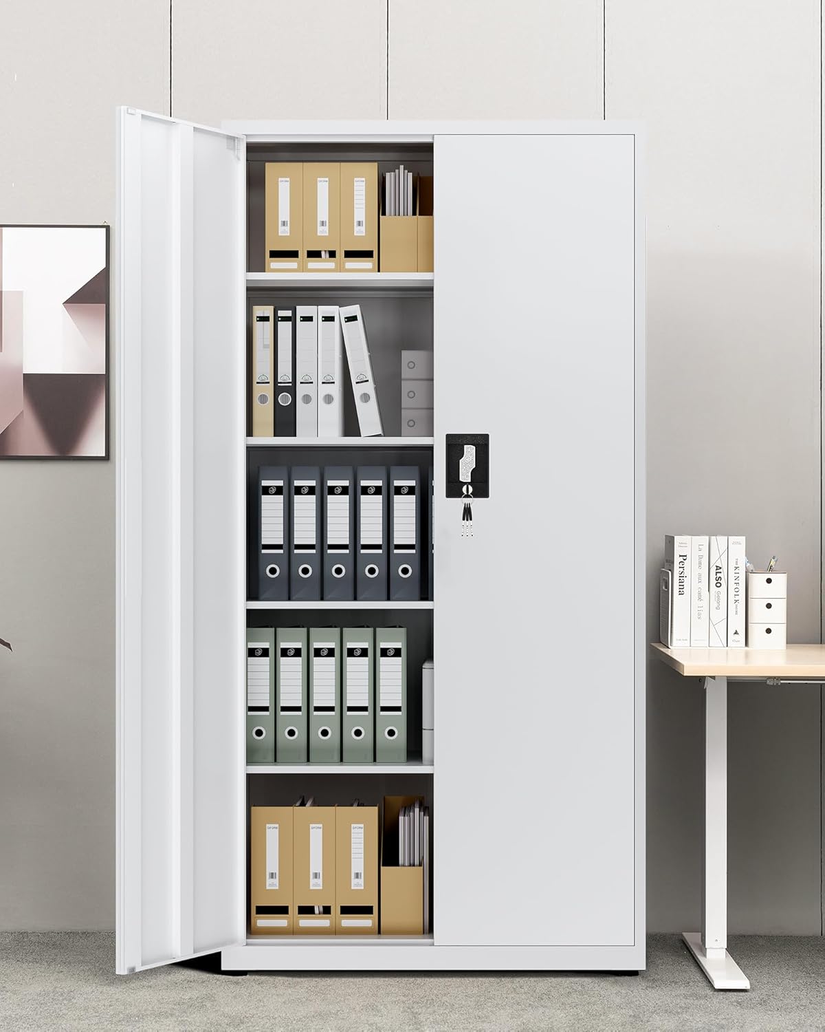 LAND·VOI Stahlschrank 5 Ebenen mit Schloss verstellbare Einlegeböden Doppeltüren Aktenschrank Werkzeugschrank für Büro Garage Haushalt Werkstatt 80x40x181.5 cm weiß