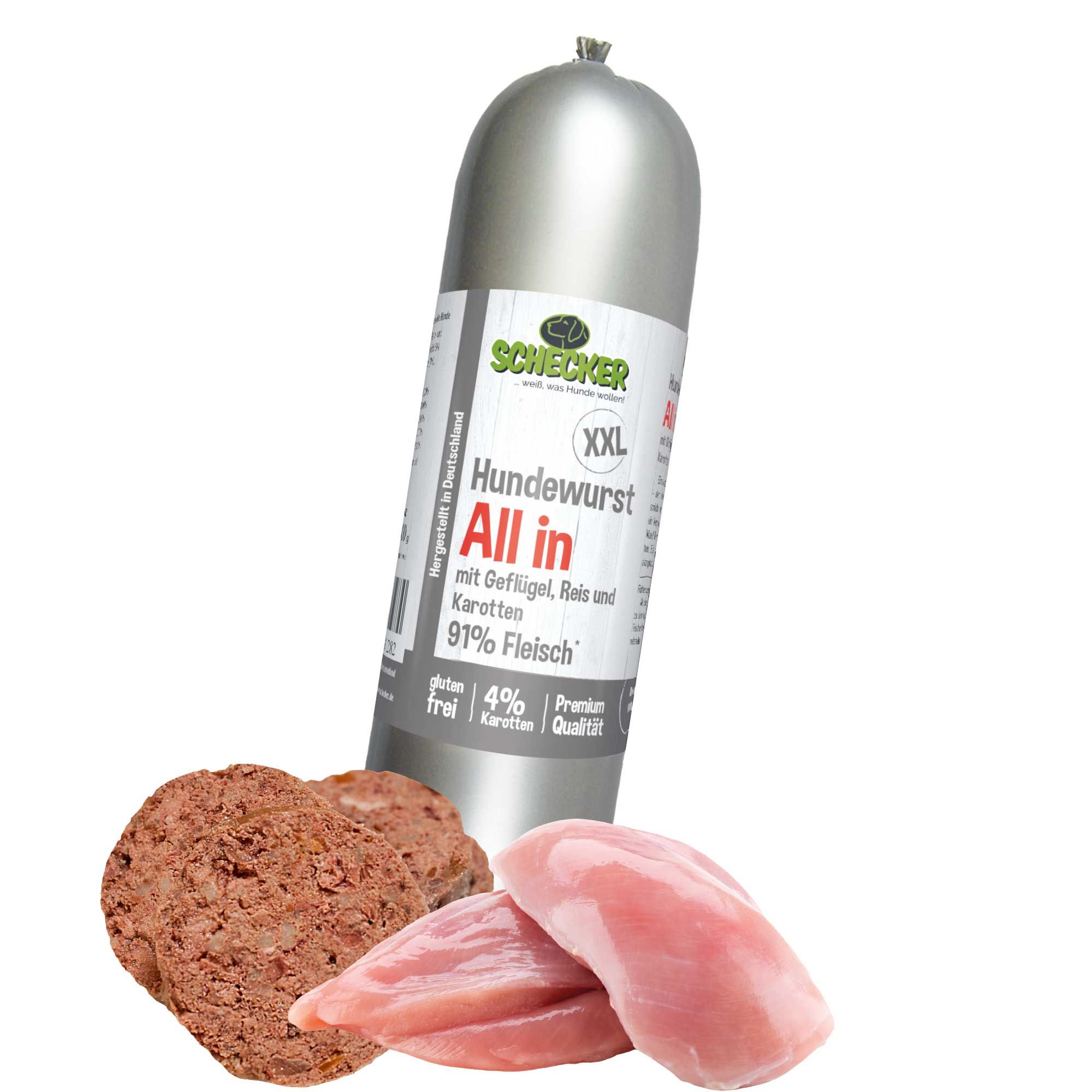Schecker Hundewurst All In Fleischwurst - Geflügel-Reis-Karotten mit 91 % Fleisch