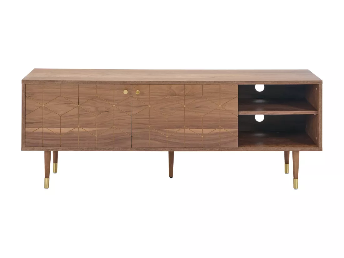 Meuble TV avec 2 portes et 2 niches placage noyer - Naturel et doré - PARIOMA