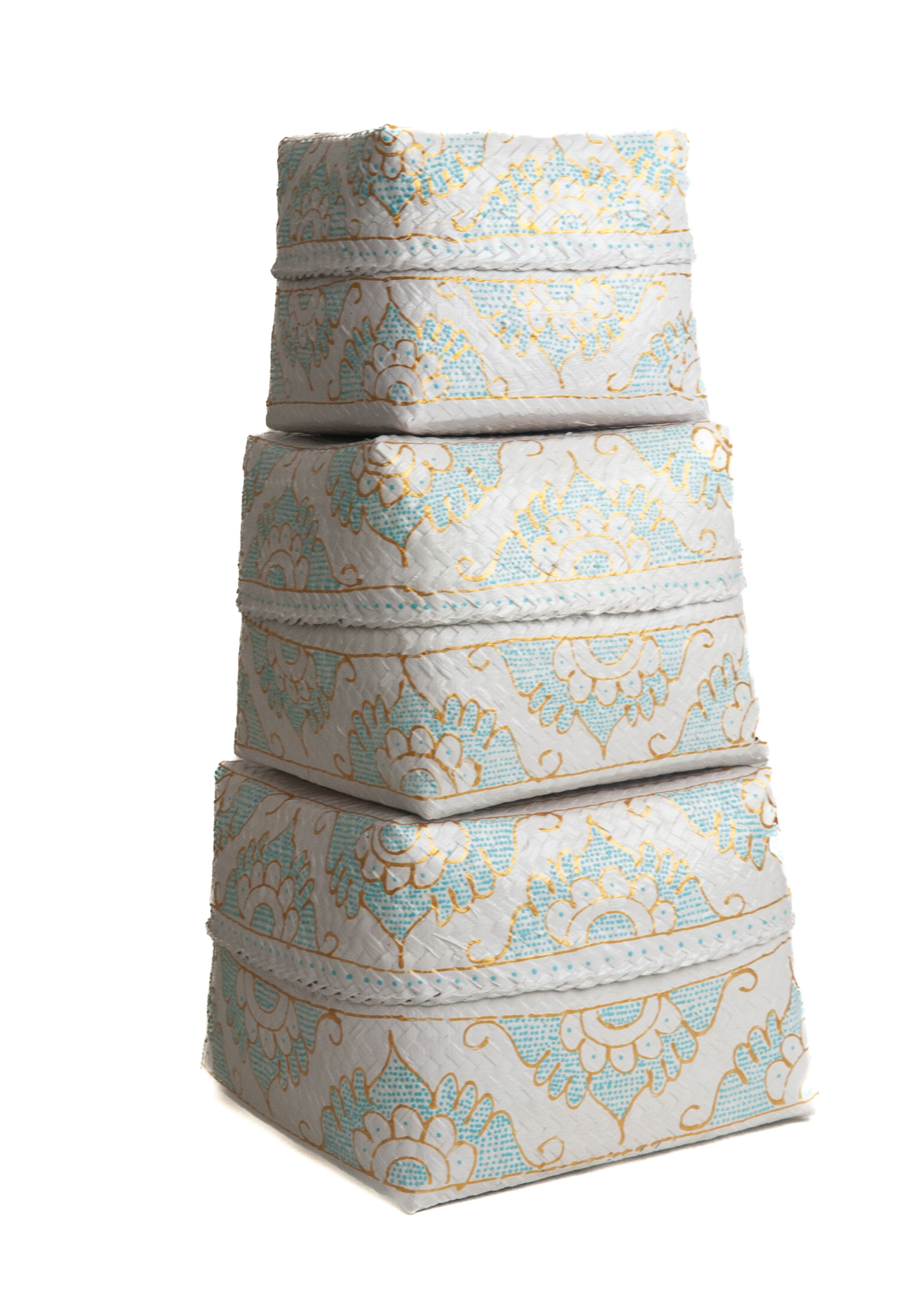 Dozen / Manden bamboe - set van 3 wit turquoise goud Set Bamboe Offer Dozen / Manden wit/turquoise/goud