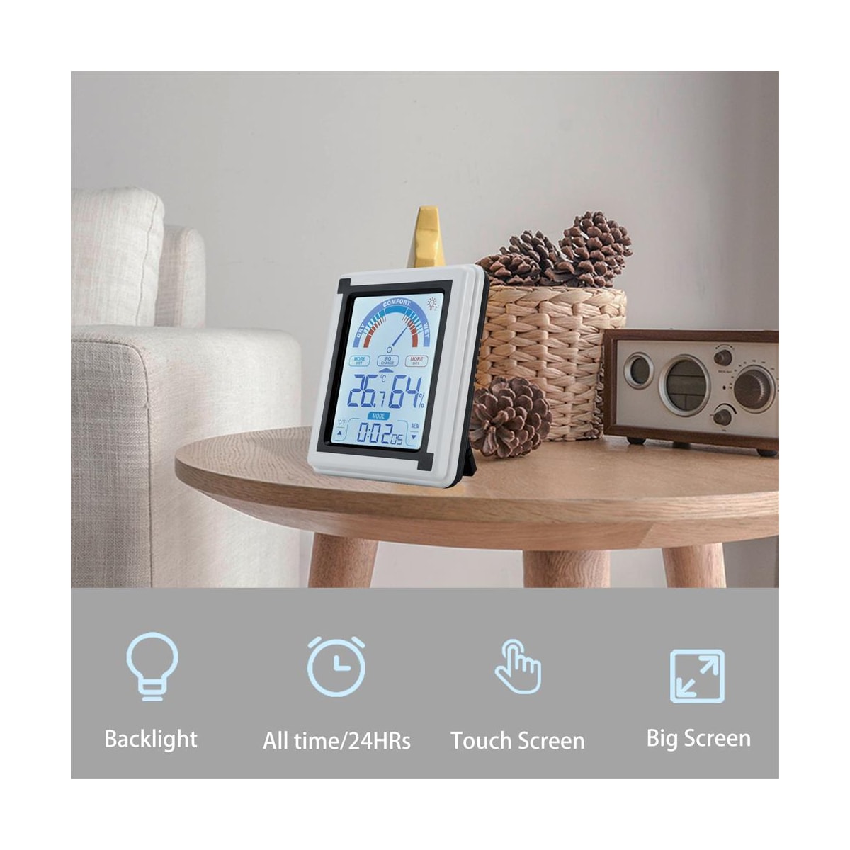 Termometer LCD Touch Termometer med klokke (hvit)