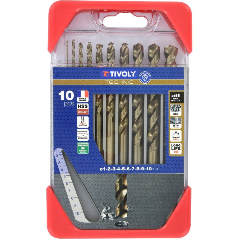 Forets métal HSS-E5 Cobalt 5 % Tivoly Technic Ø 1 à 10 mm, gradués SLR - Coffret de 10 pièces