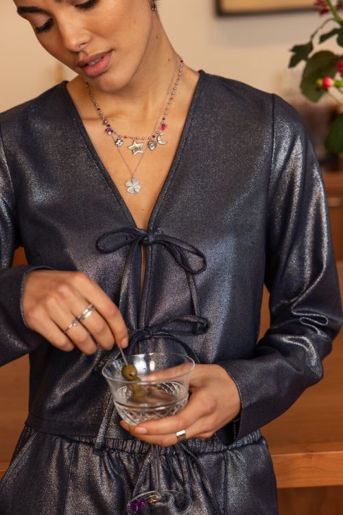 Donkergrijze top met lurex & strikjes
