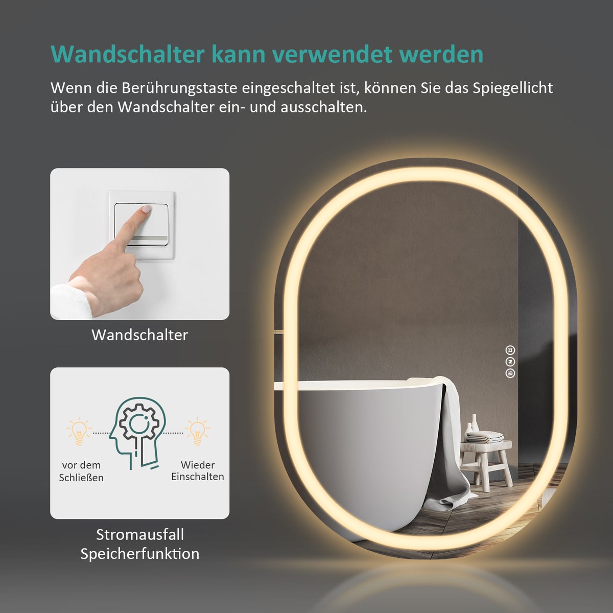 EMKE ovale badkamerspiegel met verlichting, 70x50cm, touchbediening + 3 lichtkleuren + anti-condens