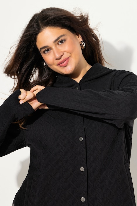 Hoodie-Jacke, Zopfmuster, Druckknöpfe, hinten länger