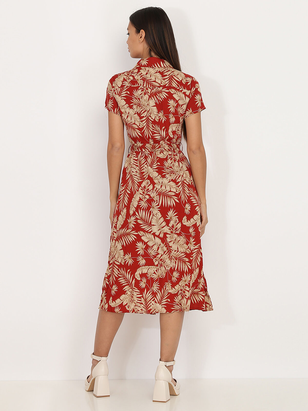 Robe chemise mi-longue à feuilles- Rouge