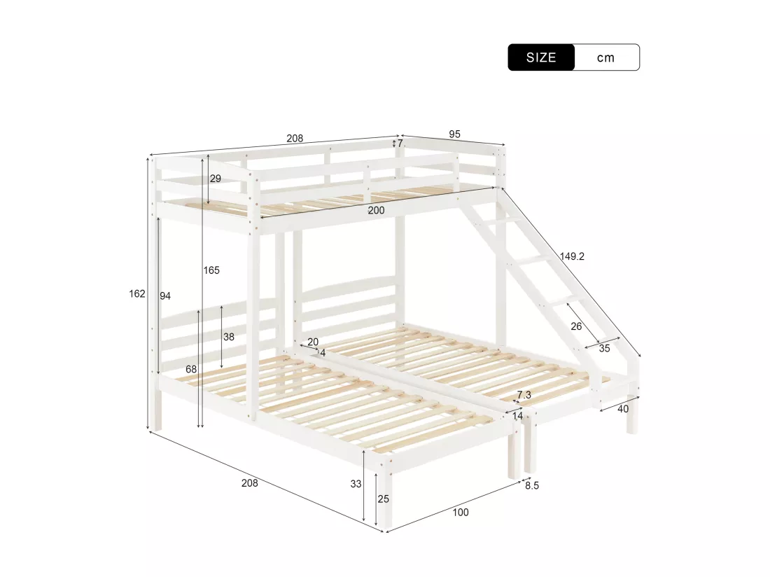 Lit superposé triple avec sommier à lattes - 90x200cm - en bois massif - Blanc