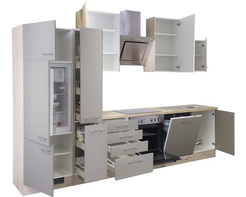 Flex Well keukenblok met apparatuur Riva 310 cm kwartsiet cubanit san remo licht mat eiken gedemonteerd omkeerbaar uitvoering 00010577
