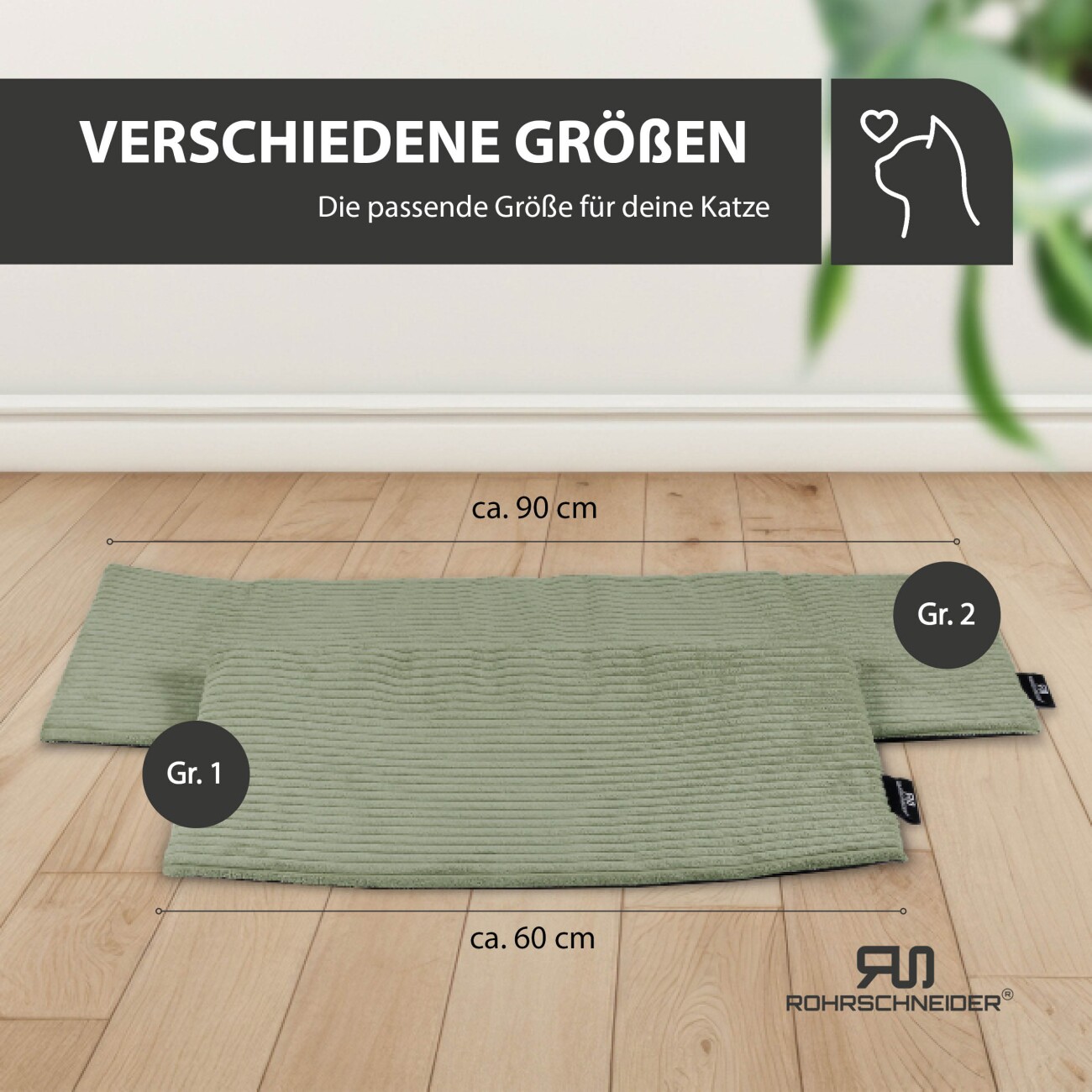Rohrschneider ® Selbstwärmende Katzendecke, Fensterliege mit rutschfester Unterlage hellgrün 60 cm, 2 cm, 29 cm
