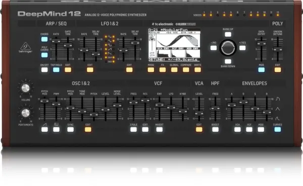 Behringer Deepmind 12D, Analog synthesizer, Kor, Forsinkelse, Flanger/Digital signalbehandling (DSP), Phaser, Efterklang, Sort, LCD, Vekselstrøm