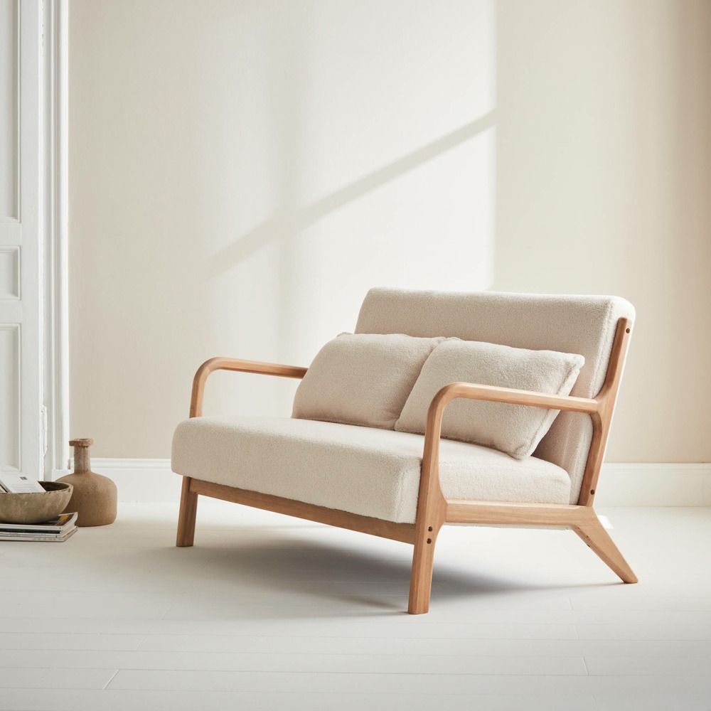 Banquette 2 places scandinave en bois et tissu bouclette. Lorens. L 124 x p 83 x h 77cm
