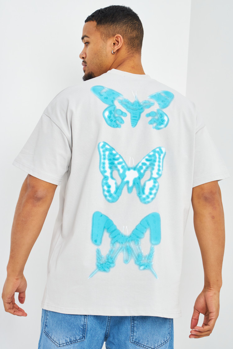 T-shirt gris clair oversize papillons bleus
