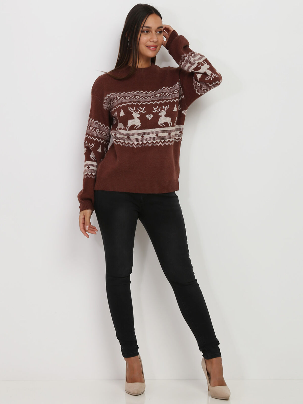 Pull jacquard de Noël- Marron