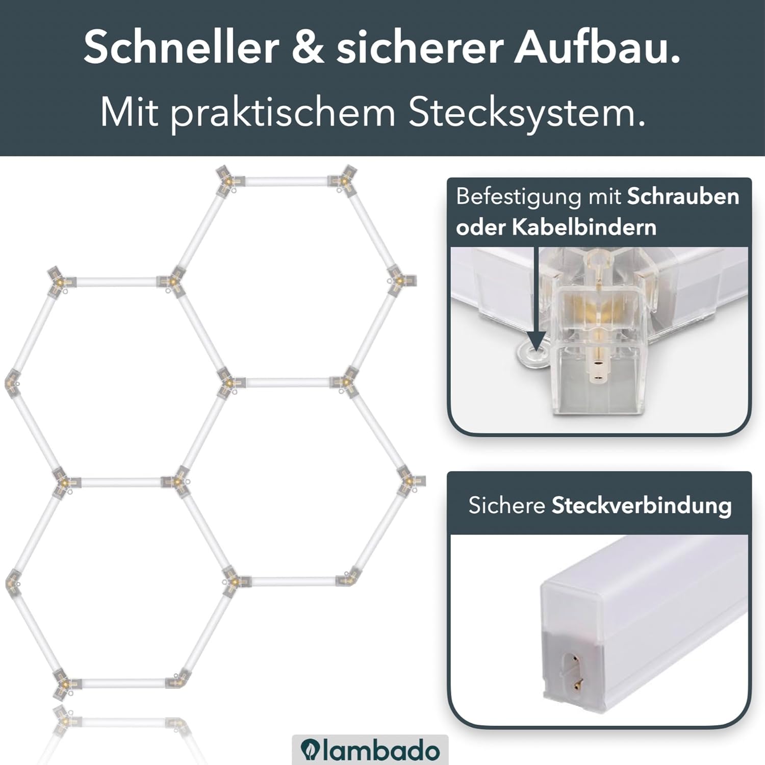 lambado® Hexagon LED-Deckenleuchte Garagenbeleuchtung LED Werkstattbeleuchtung 8-teilig | Farbtemperatur 6500K Weiß | Fitnessstudio Barber Shop Salon Ausstellung
