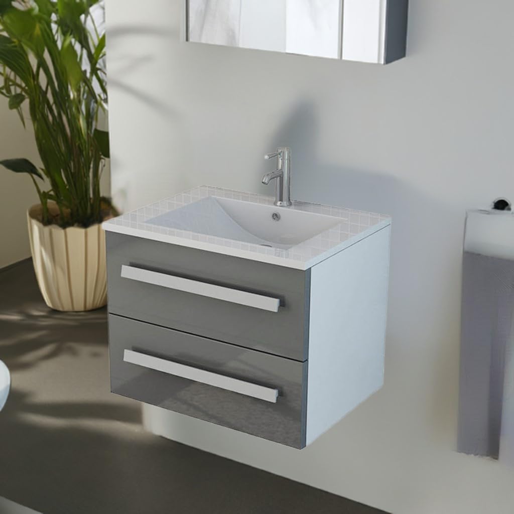 Jet-Line® | Badset Arosa II | Keramik Waschbecken | Waschtisch | Badmöbel | Soft Close | Hochglanz | Farbe grau | Badezimmer | Bad erhältlich | 59 cm breit