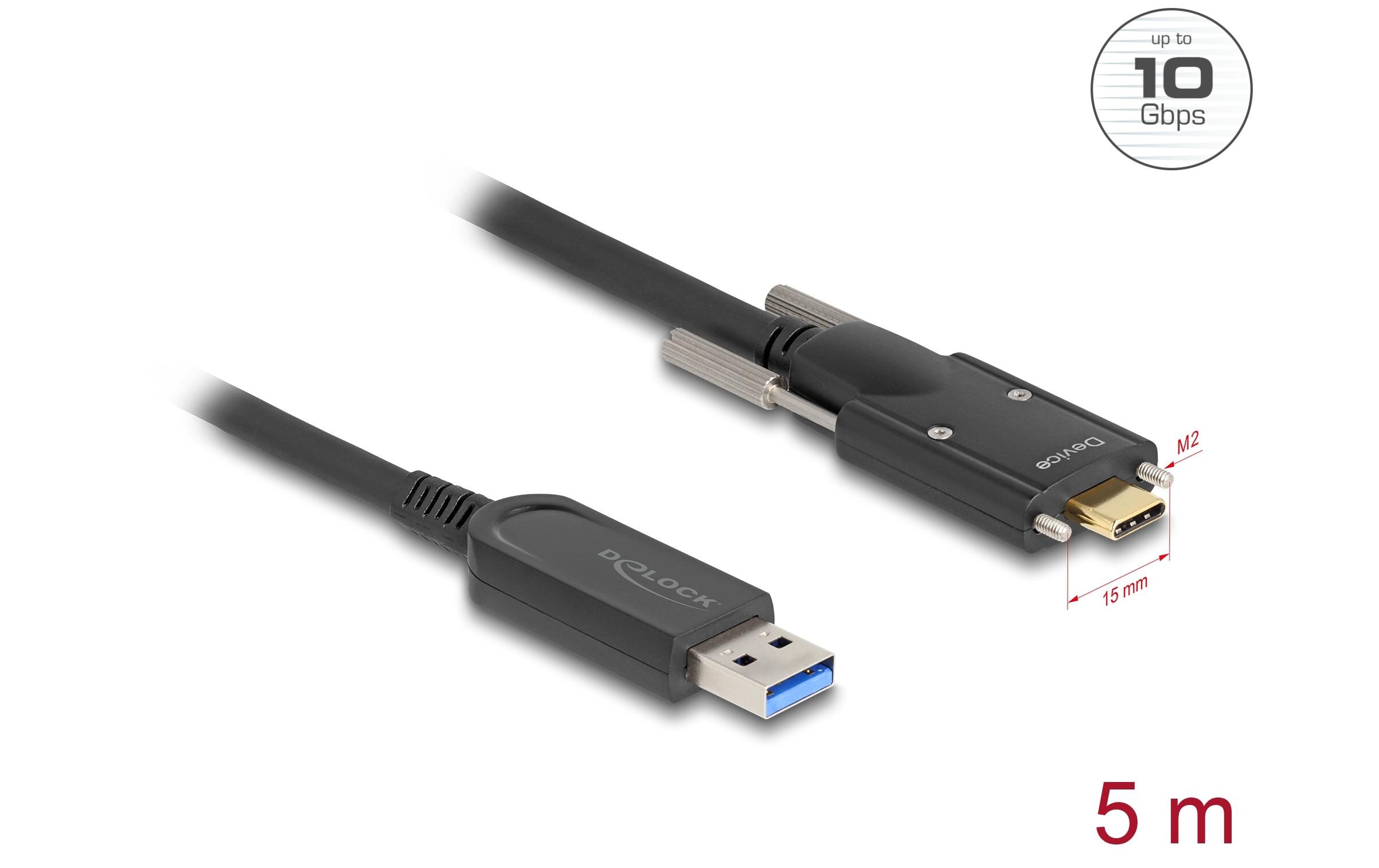 AOC USB Kabel 10 Gbps USB Type-A - USB Type-C, 5 m<br>Aktives Optisches Kabel 10 Gbps 3.1 USB-A zu USB-C mit Schrauben seitlich Schwarz