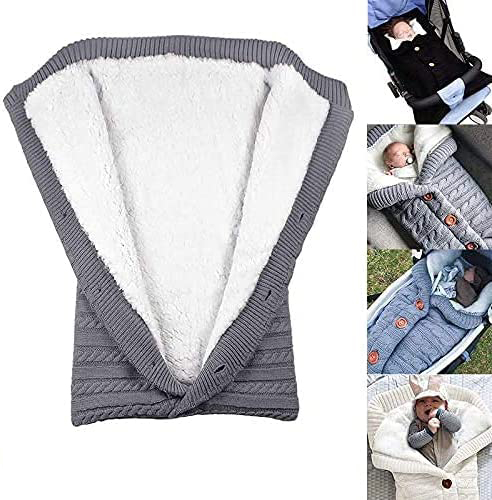 (68x38cm) Baby Strick Schlafsack Kuschel Winter Decke mit Fell für Kinderwagen - Dunkelgrau