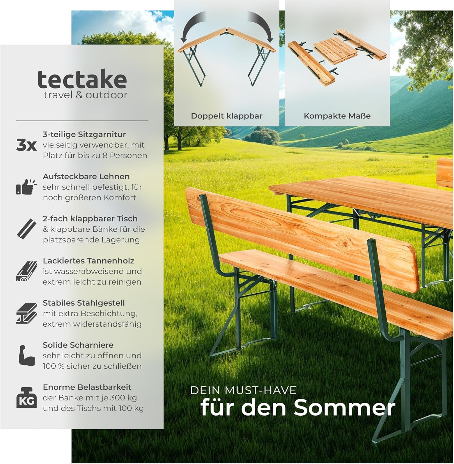tectake® Bierzeltgarnitur mit Lehne, Biertisch Klapptisch mit 2X Sitzbank mit Lehne, Gartenmöbel Set, Camping Zubehör, Klapptisch Esstisch, Camping Tisch faltbar, Balkontisch, Campingtisch klappbar