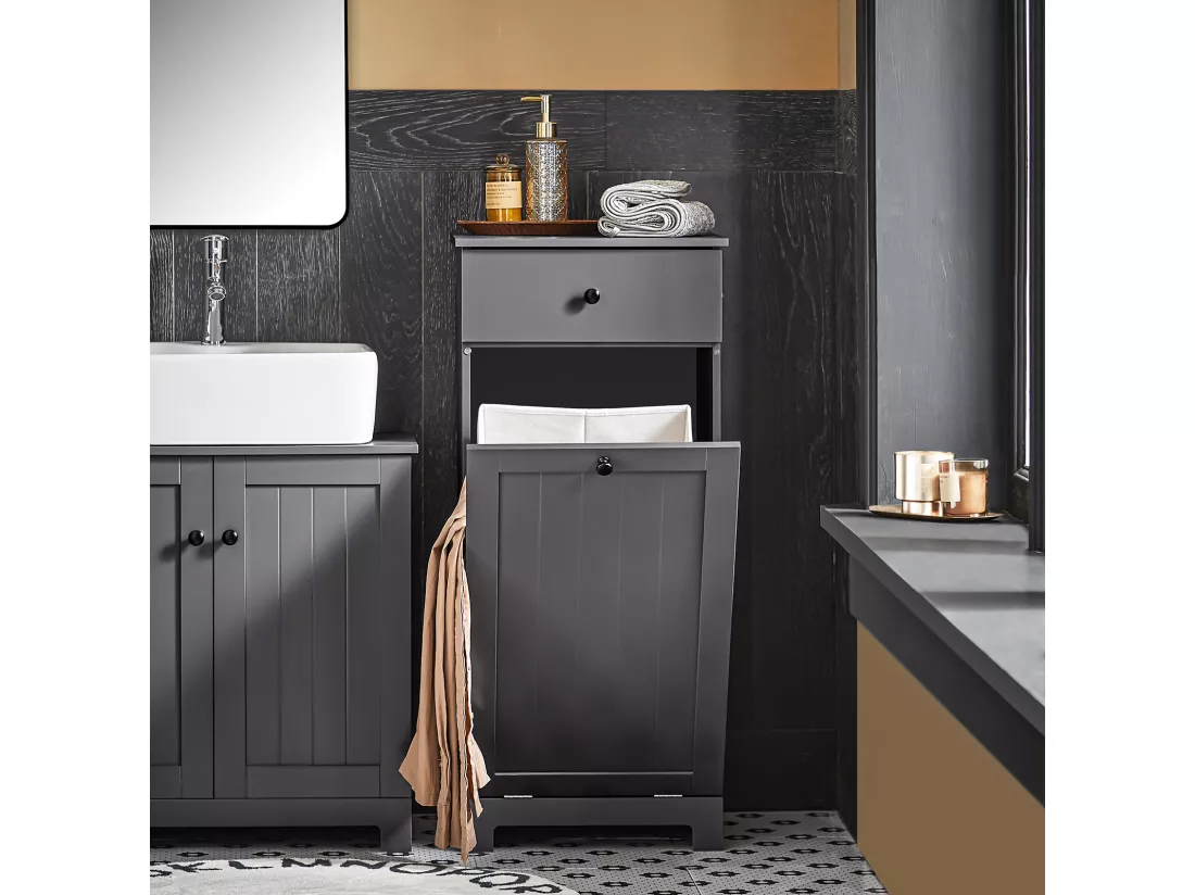 Meuble Bas De Salle De Bain Armoire Toilette Avec 1 Tiroir 1 Panier À Linge Gris Foncé, BZr21-dg