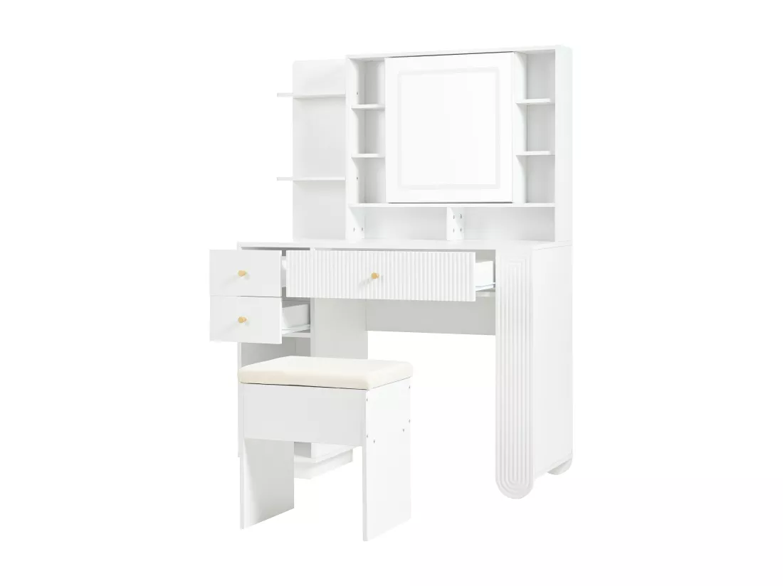 Coiffeuse avec 3 tiroirs, étagères ouvertes, miroir et tabouret - 100 x 40 x 138 cm - LEDs - Panneau de particules - Blanc