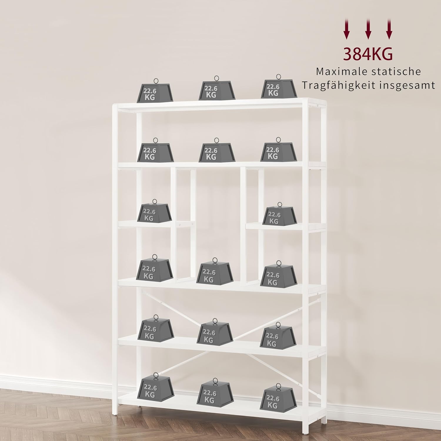 LVB Bücherregal Regal mit 6 Ebenen Wohnzimmer Standregal Holz Metall Bücherregal freistehend Dekoregal Modernes Design für Wohnzimmer Schlafzimmer Büro Weiß 30 x 120 x 180 cm