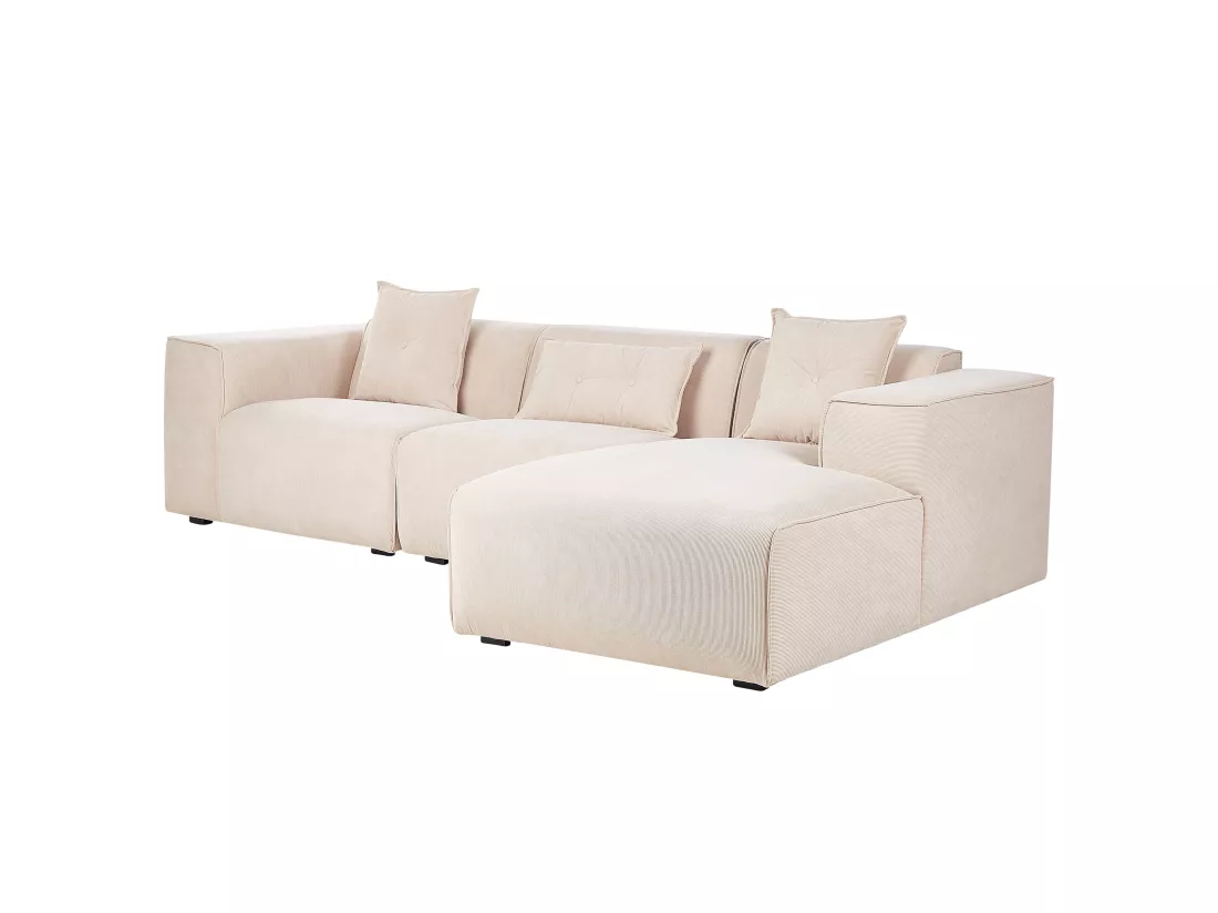 Canapé d'Angle Côté droite avec Coussins en Velours Côtelé Beige Dolva