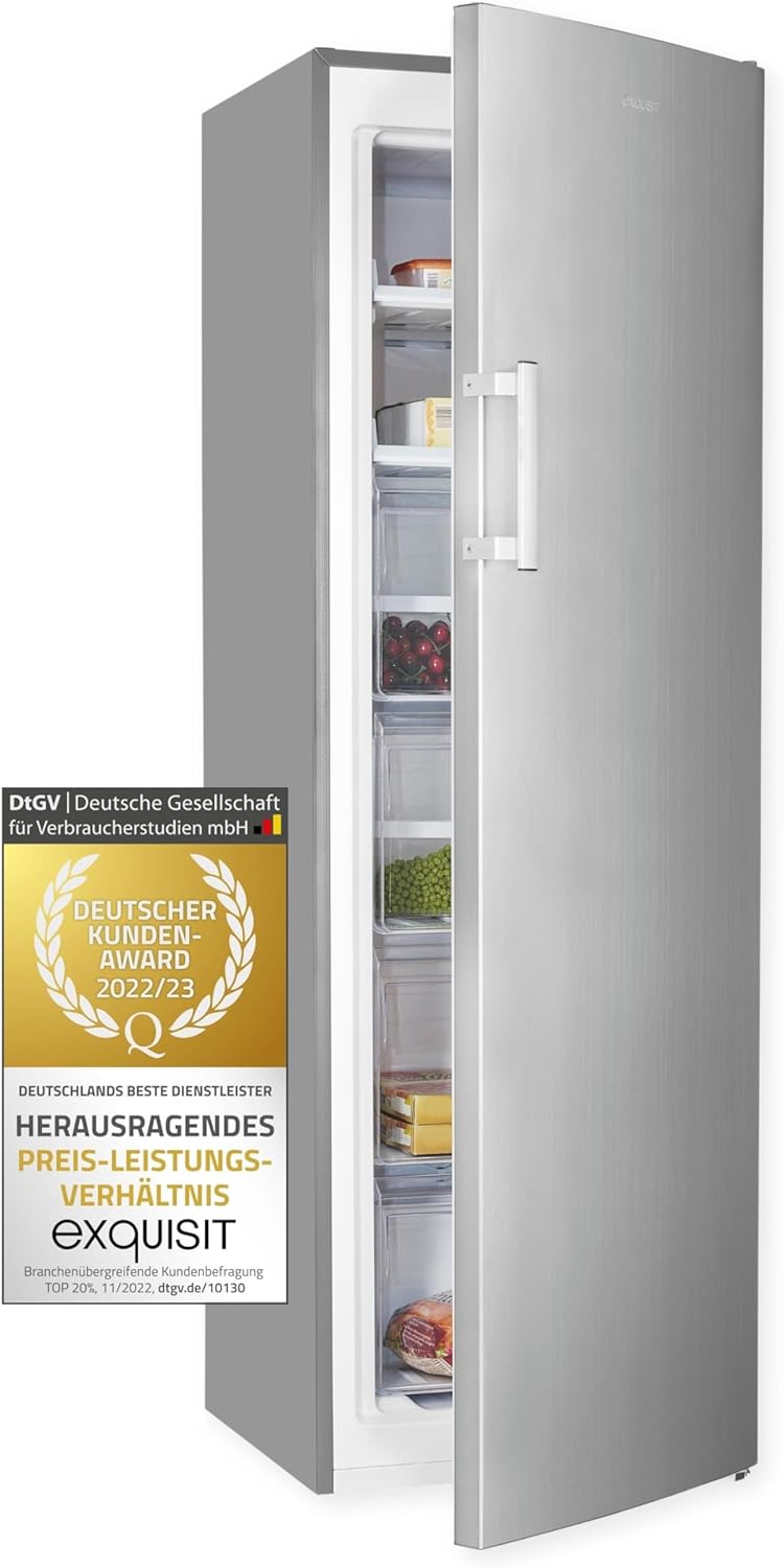Exquisit Gefrierschrank GS271-NF-H-040D Inoxlook | No Frost | Nutzinhalt: 204 L | Temperaturregelung | Alarm