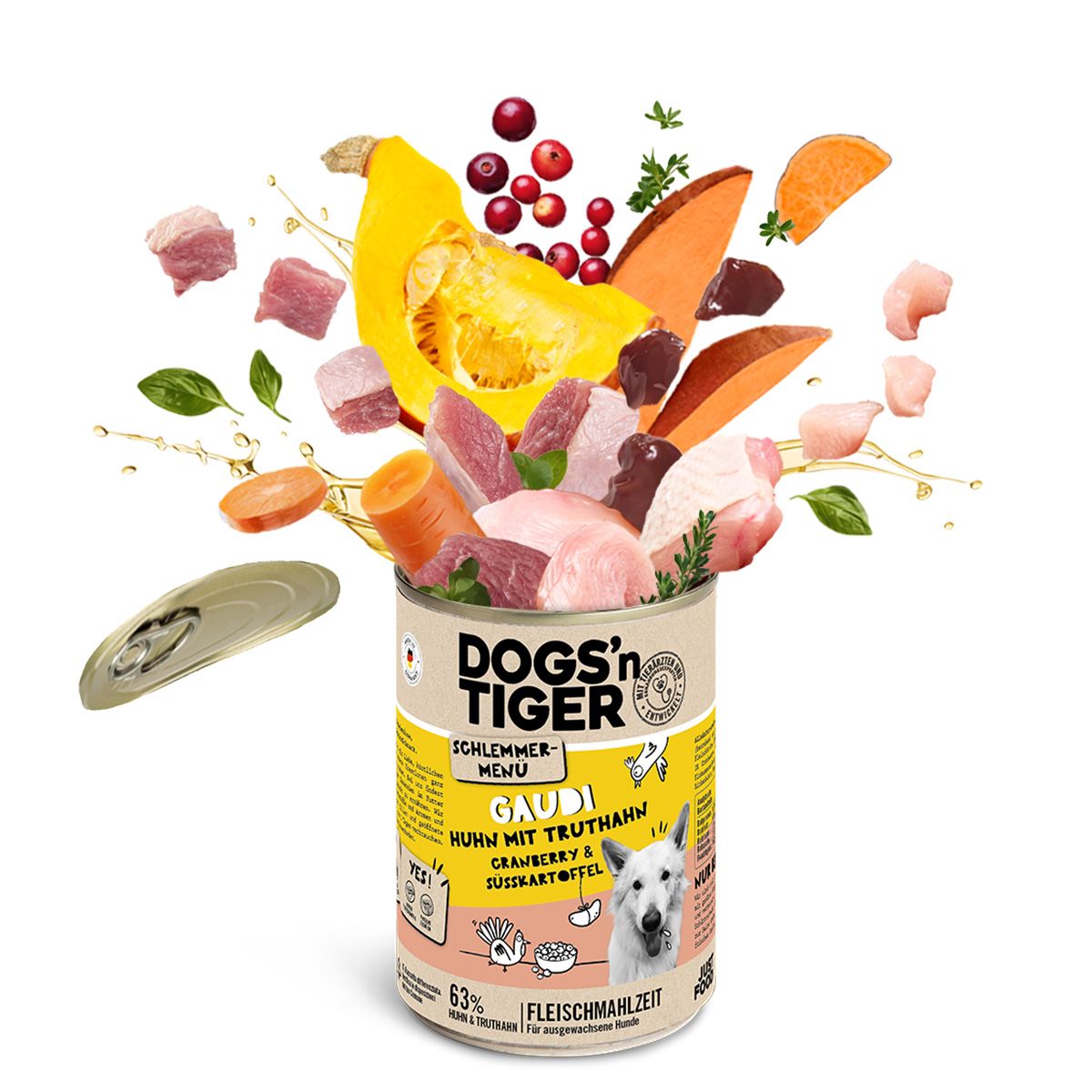 Dogs’n Tiger Adult Hundefutter, Gaudi, Nassfutter, Getreidefrei, Huhn, Truthahn & Cranberry