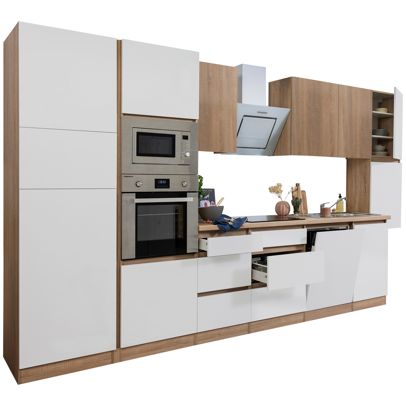 RESPEKTA Küchenblock - weiß Hochglanz-Eiche Sägerau - mit E-Geräten - 395 cm