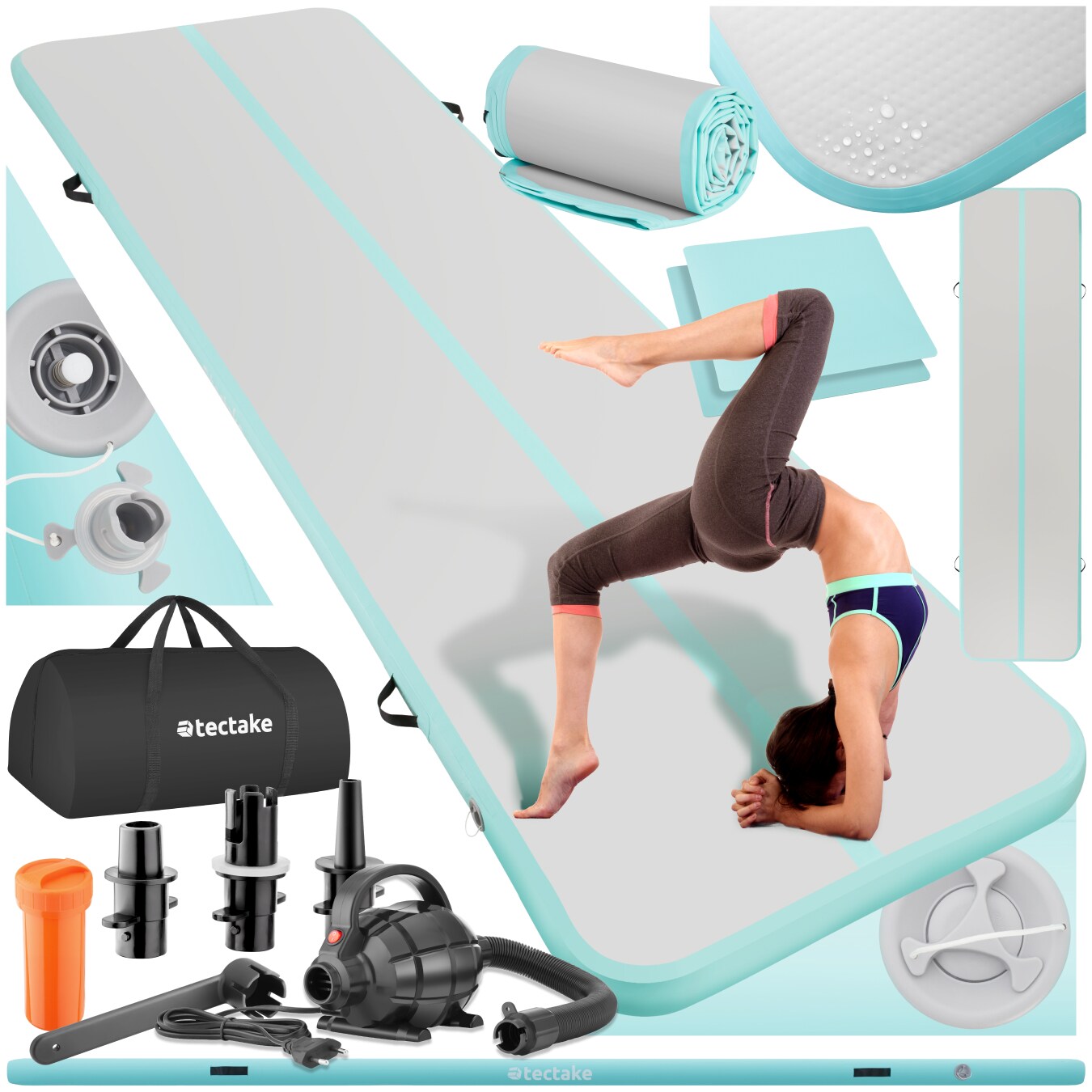 tectake® Airtrack Trainingsmatte, aufblasbar, rutschfestes, hochwertiges PVC, inkl. Transporttasche, 397 x 104 x 10 cm