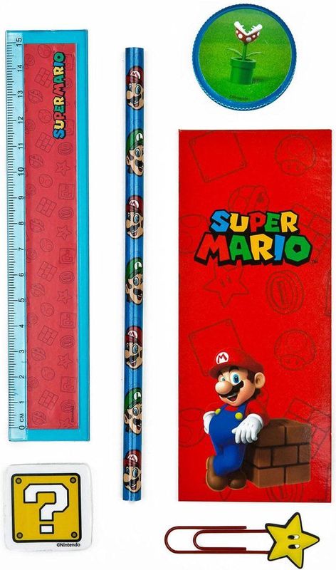 Super Mario - Gevulde Pennenbak - 7 Delig - Inclusief Potlood, Liniaal, Gum
