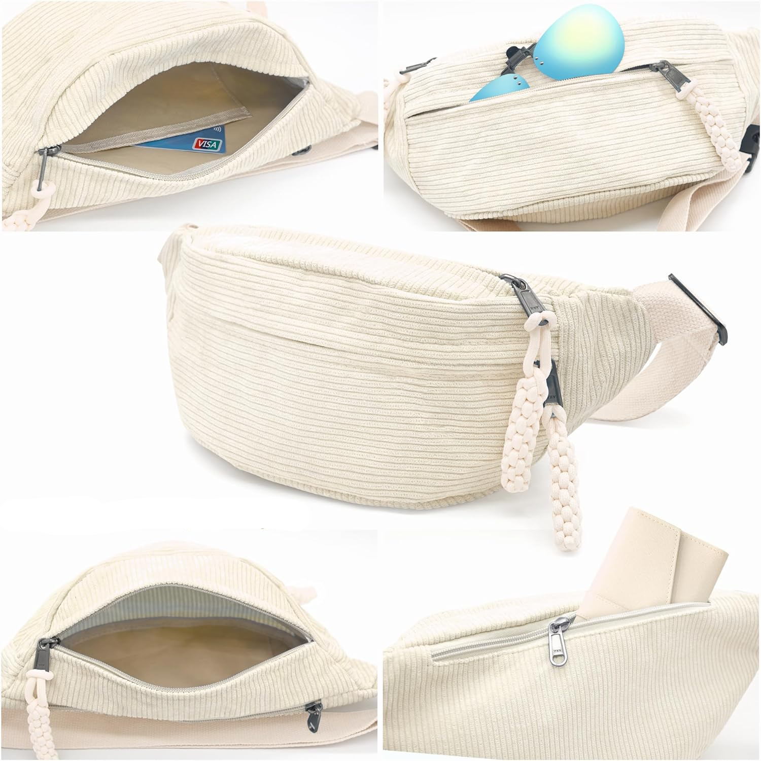 (34x15cm) Kordsamt Unisex Outdoor Bauchtasche Crossbody Bag Retro Schultertasche - Weiss
