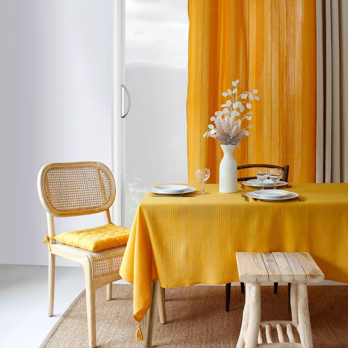 Nappe rectangulaire coton recyclé (140 x 240 cm) Bombay Jaune moutarde