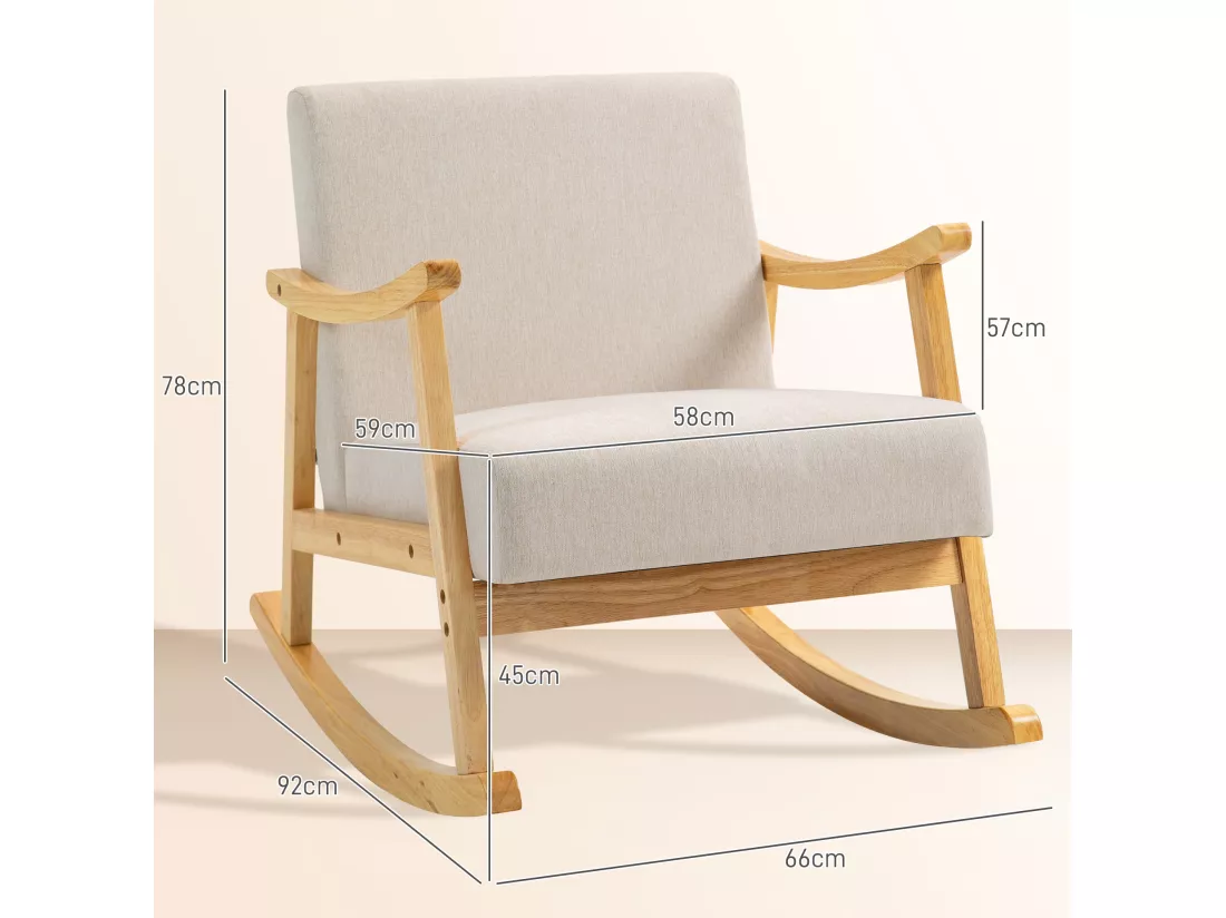 Fauteuil lounge à bascule rocking chair piètement structure bois hévéa épais coussins beige