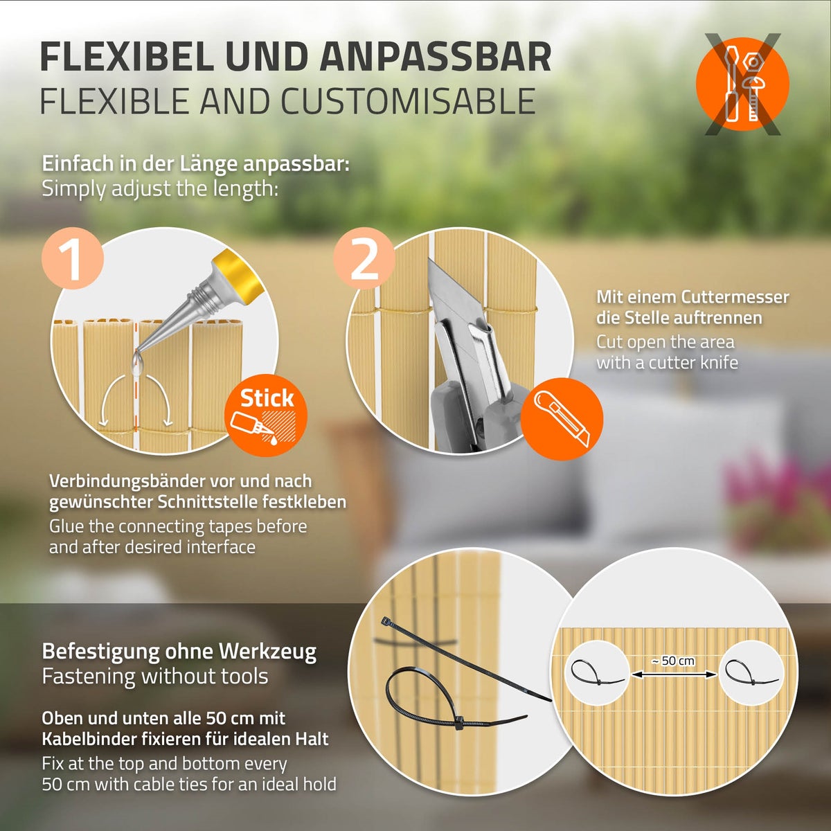 ECD Germany PVC-inkijkschermmat 90x500 cm, bamboe, inkijkscherm met 3-voudige wapening, UV-bestendig, waterdicht, windwerend, balkonbekleding, schuttingscherm, inkijkscherm voor tuin, balkon, terras