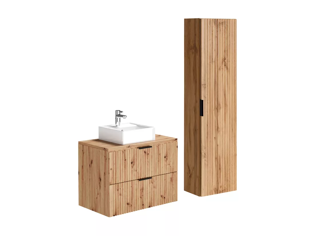Meuble de salle de bain suspendu strié avec vasque à poser et colonne - Naturel clair - 80 cm - ZEVARA