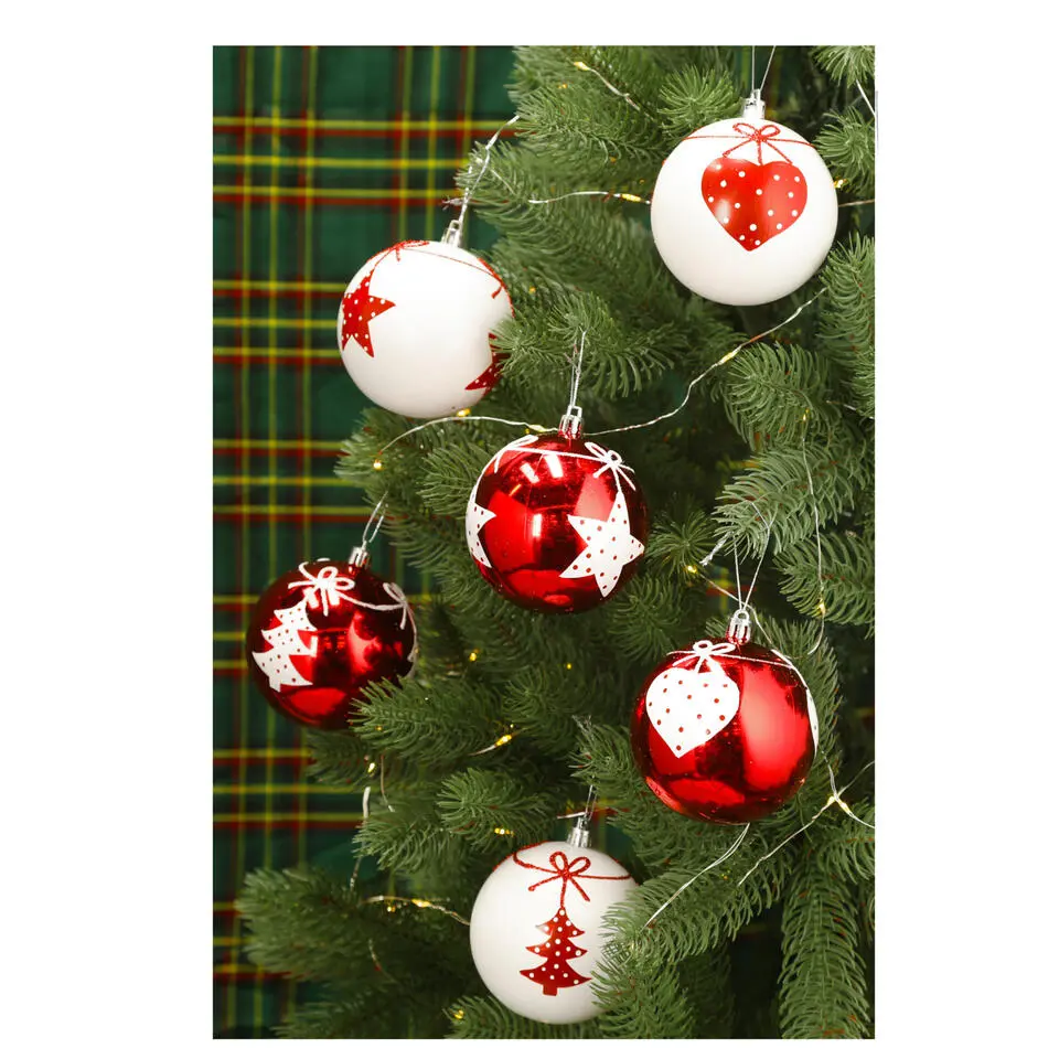 Cepewa Kerstballen - 6x - rood - wit - kunststof - 6 cm
