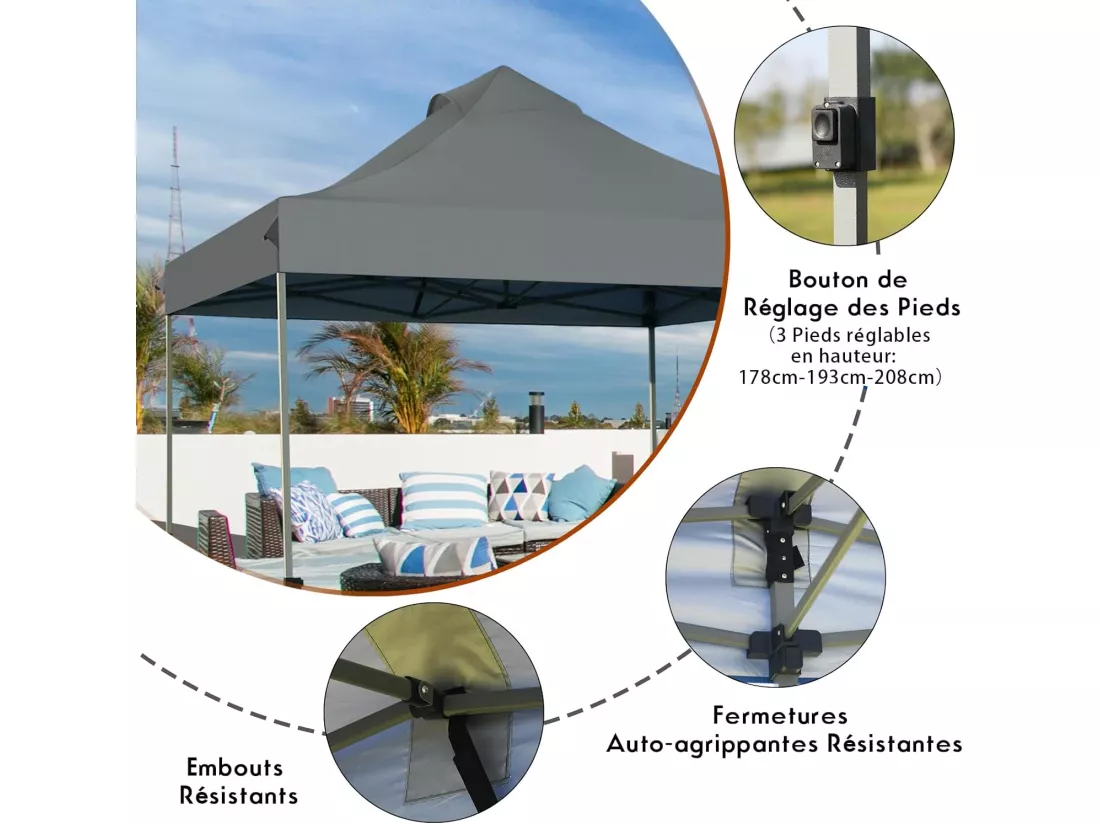 Tonnelle de Jardin Escamotable Pliable 3x3M, Tente de Fête Imperméable Protection Solaire 3 Hauteurs 305/320/335 cm avec Sac de Rangement à roulettes, pour Marché Patio(Gris)